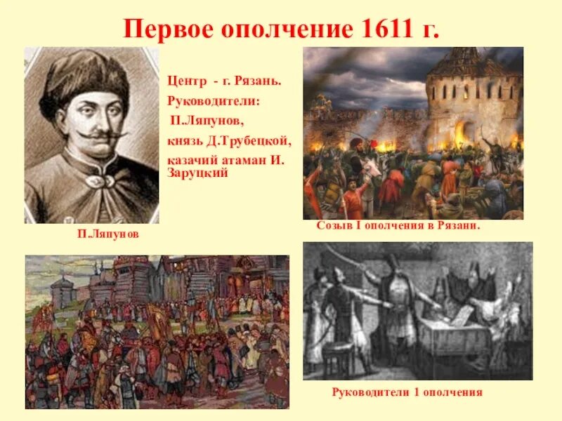 Первое народное ополчение состав. Ополчение Ляпунова 1611. Первое ополчение (январь-июль 1611 г.). Созыв народного ополчения 1611. Руководители первого ополчения Трубецкой Заруцкий.