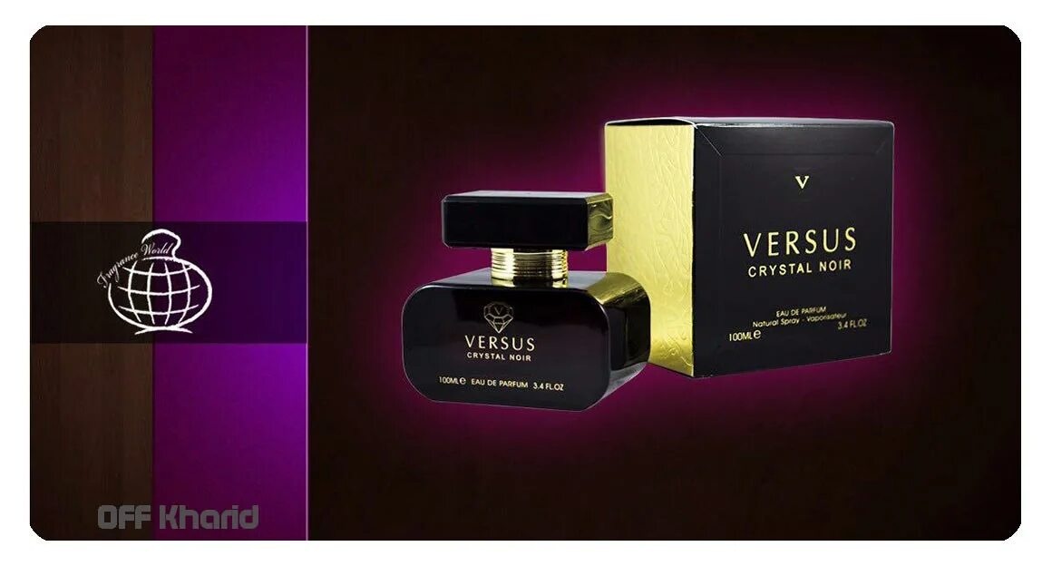 Vs crystal. Духи версус женские Crystal Noir. Кристалл Нуар арабские духи. Fragrance World versus Crystal Noir (w) дезодорант 200 ml. Versus духи женские арабские.