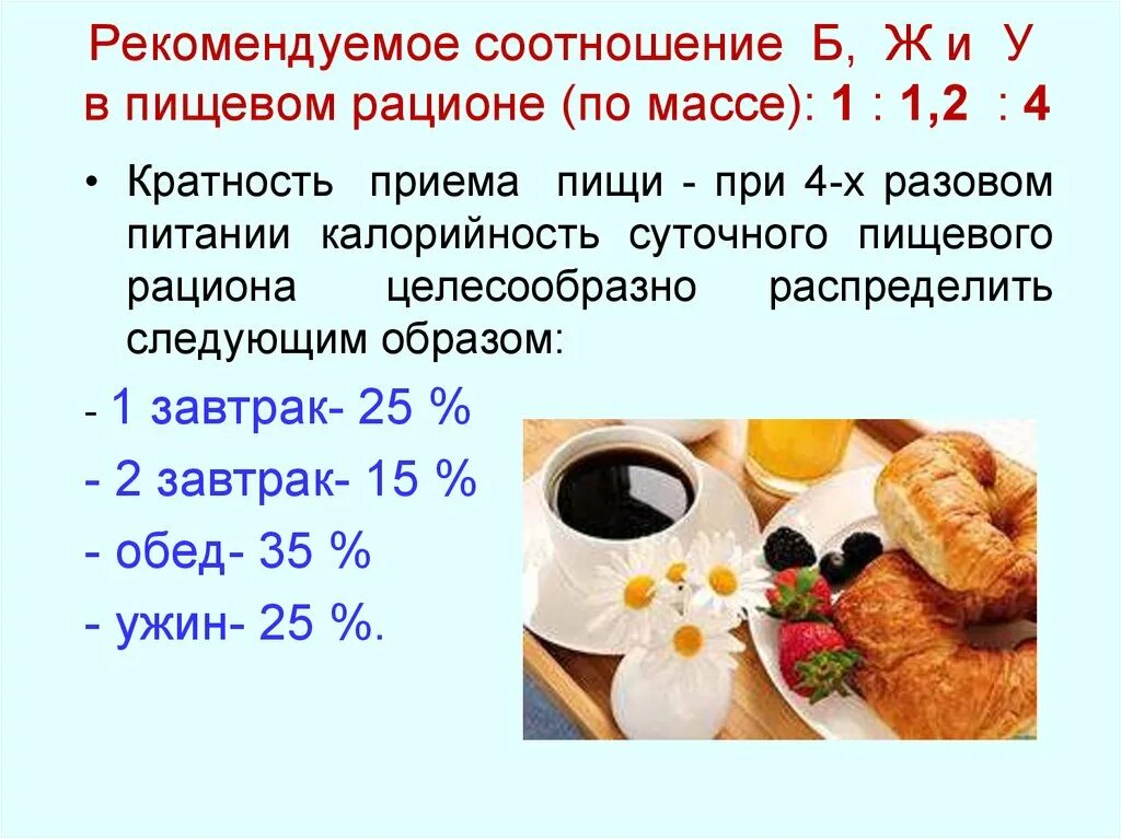 Соотношение приемов пищи. Суточная калорийность пищи. Энергоценность суточного рациона питания. Пропорции пищевых веществ в рационе. Ужин сколько процентов