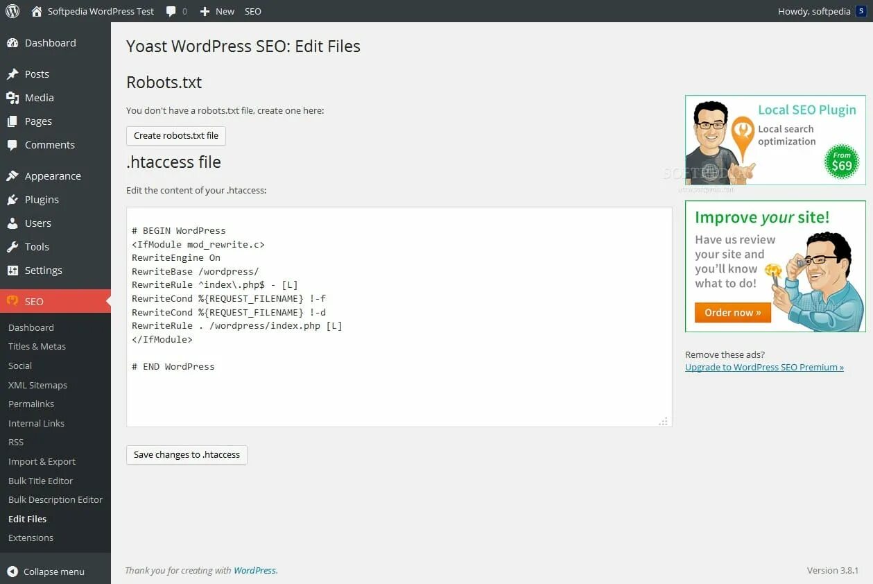 Wordpress где robot txt. Robots в wordpress где находится. редактор файлов вордпресс yoast.