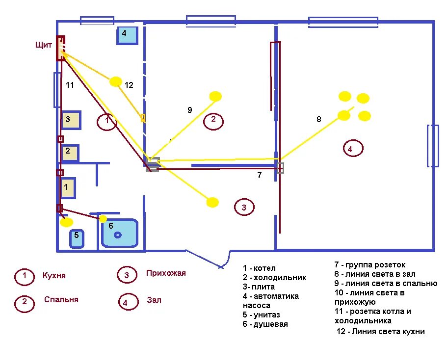 Проект электропроводки. Схема прокладки электропроводки в квартире 1 комнатной. Пример чертежа электропроводки квартиры. Схема Эл проводки в квартире чертеж. Монтажная схема электропроводки квартиры.