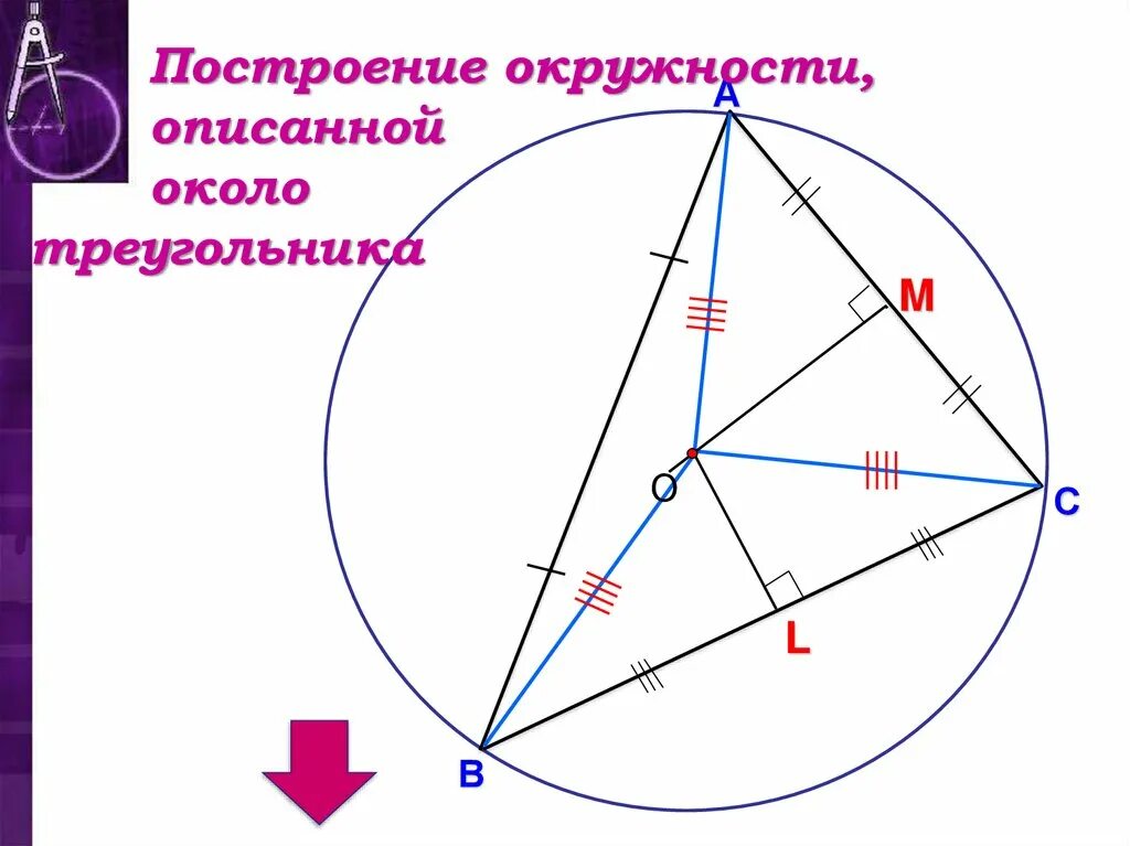Как построить описанную окружность около треугольника. Построение окружностилописаной около треугольник. Окружность описанная около треугольника. Построение окружности. Построение окружности описанной около треугольника.