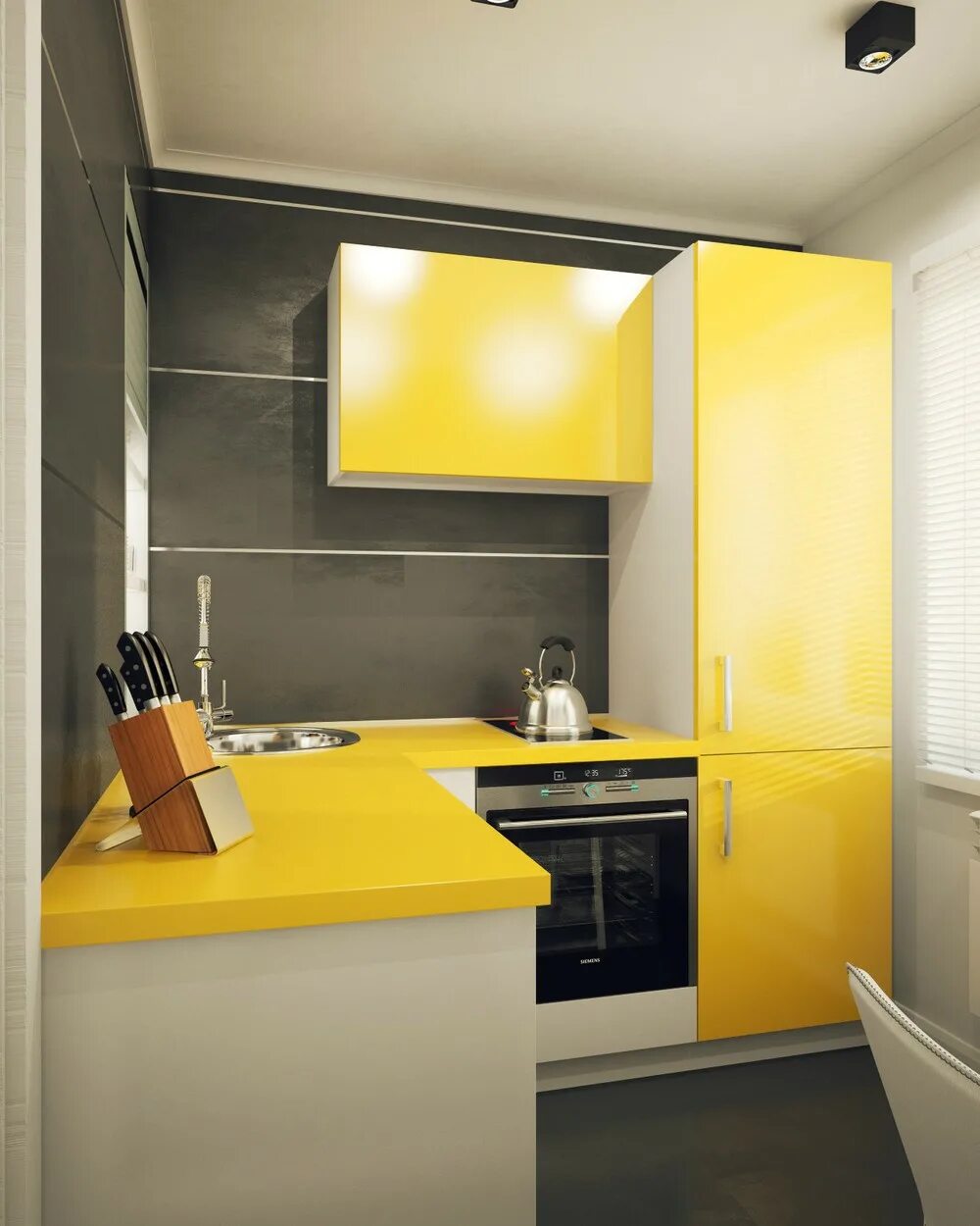 Интерьер маленькой кухни. Желтый кухонный гарнитур. Планировка маленькой кухни. Кухня в желтом стиле.
