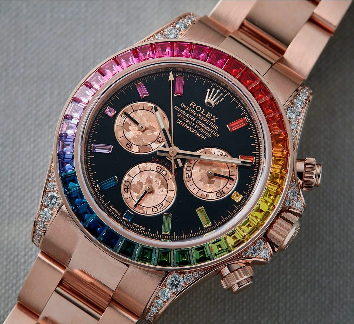 Швейцарские часы по престижности. Rolex Daytona Rainbow. Rolex Daytona Everose. Часы Rolex Daytona Rainbow. Rolex Cosmograph Daytona Rainbow.