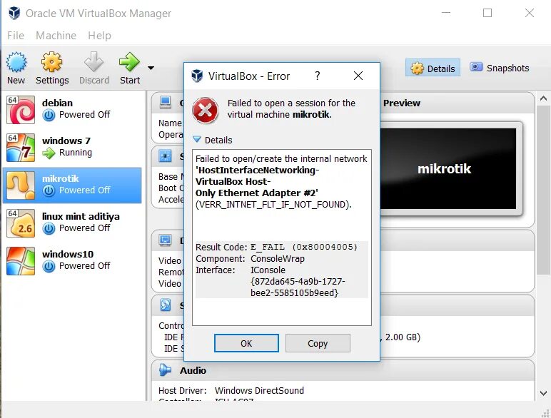 Virtualbox код ошибки e fail. Ошибка VIRTUALBOX. Ethernet Adapter VIRTUALBOX host-only Network. VIRTUALBOX ошибка 0x00000000. VIRTUALBOX ошибка при запуске.