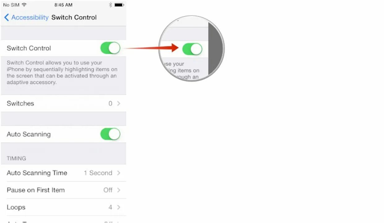 Как включить управление глазами на ios. Switch control iphone. switch control на айфоне 4. как включить свитч на айфоне. как на ios включить switch control.