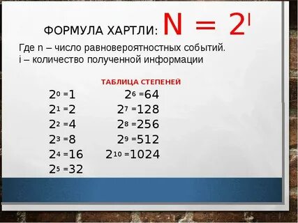 Используя формулу хартли и электронные таблицы
