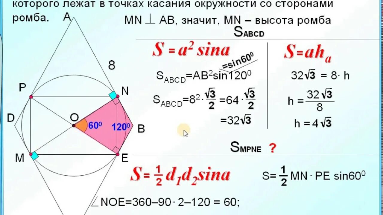 В ромб вписана окружность точка касания. Окружность вписанная в ромб. Площадь ромба вписанного в окружность. Формула ромба. Площадь ромба в окружности.