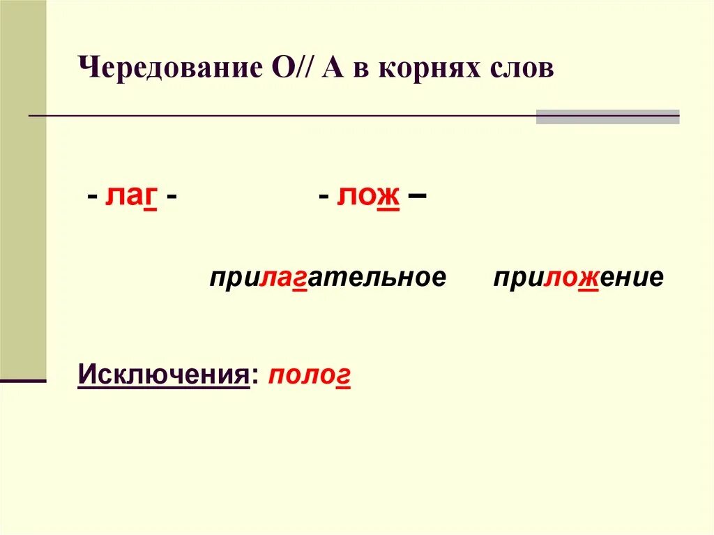 Слова с корнями чередованием лаг. Слова исключения с корнем лаг лож. Корень лаг. Правописание корня лаг лож.