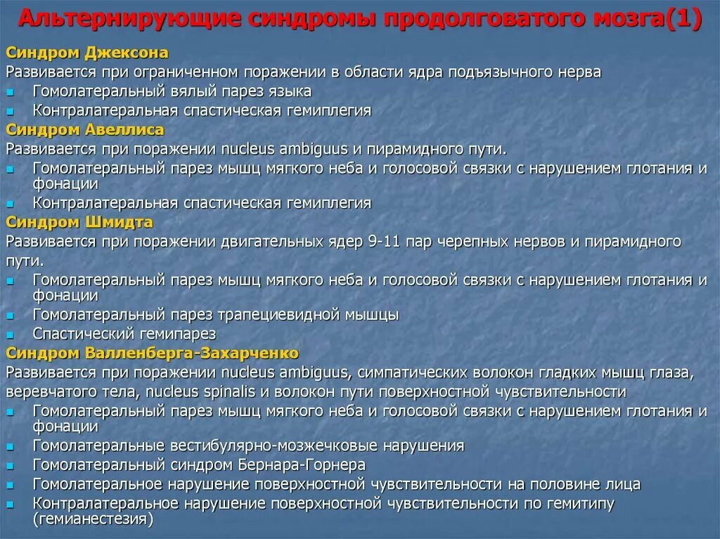 Альтернирующий гемипарез. Синдромы поражения продолговатого мозга Авеллиса. Альтернирующие синдромы мозговые. Альтернирующий синдром Валленберга-Захарченко. Гемипарез баллы