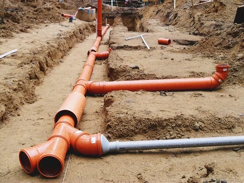 канализация. наружные канализационные сети. труба наружной канализации 110 в траншее. монтаж наружных сетей водопровода. прокладка труб для септика.