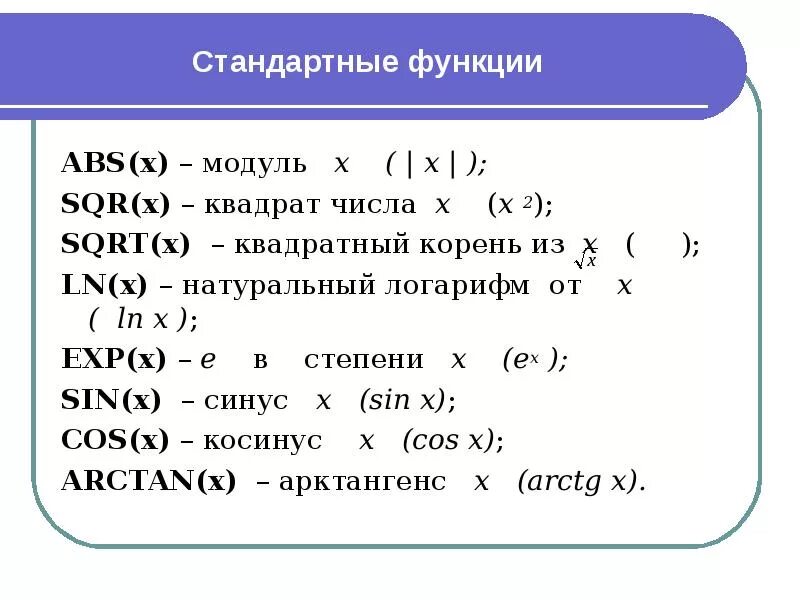 Слова 10 модуля. Стандартные функции модуль квадрат числа. Функция sqrt в Паскале. Функция ABS. Функция ABS(X).