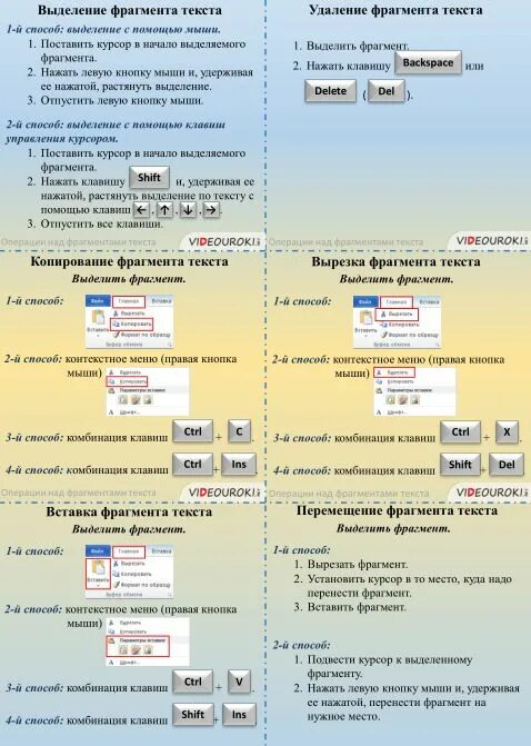 Операции над фрагментами текста. Способы перемещения текстового фрагмента. Операции данных. Операции над фрагментами текста. Операции над фрагментами текста.