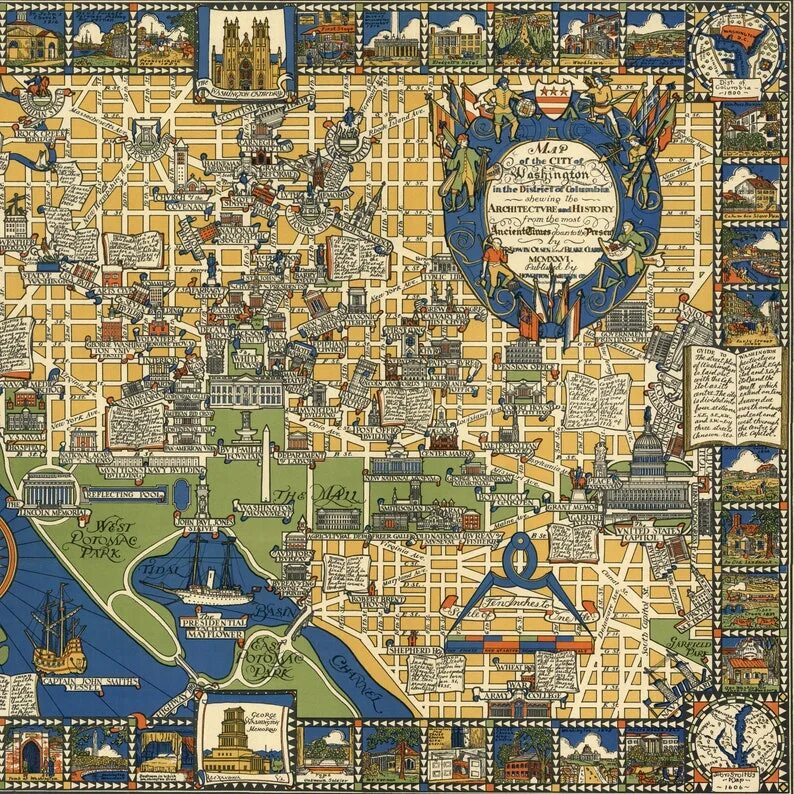 Карты для d c. Washington dc pictorial map. туристическая карта вашингтона. карта вашингтона с достопримечательностями. антикварные настенные карты.