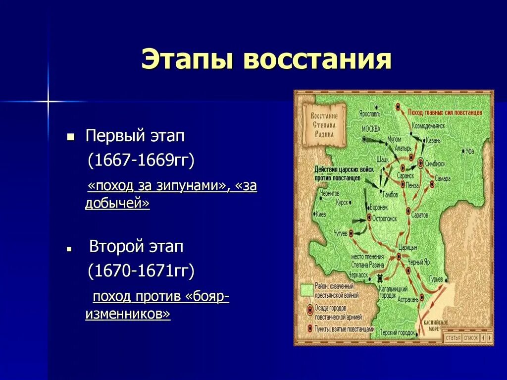 Основные этапы восстания степана разина кратко. Поход Степана Разина в 1667-1669. Поход "за зипунами", первый этап Восстания Степана Разина. Восстание Степана Разина поход за зипунами. Этапы Восстания Степана Разина 1 этап 1667 1669 поход за зипунами цель.