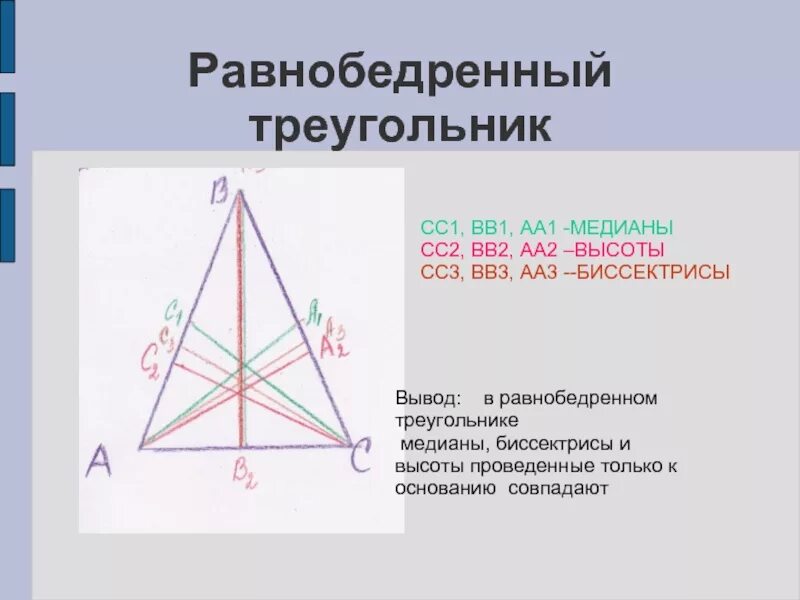 Высота треугольника совпадающая с биссектрисой. Равнобедренный треугольник Медиана биссектриса и высота. Высота hfdyj,tlhtyyjujтреугольника. Высота в равнобедренном треугольнике. Высоты равно. Едоренногл треугольник.