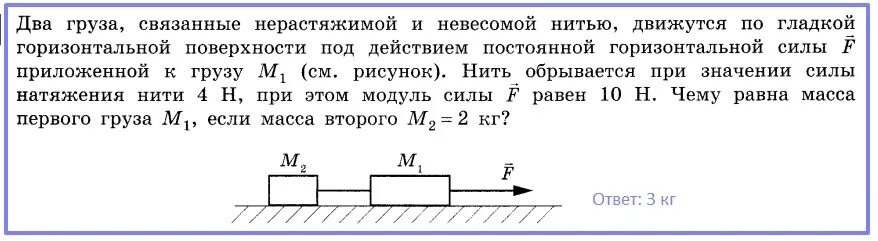 Два груза связанные нерастяжимой и невесомой нитью. Гладкой горизонтальной поверхности. Два груза невесомой нитью силы. Два груза на нерастяжимой нити. Тело под действием горизонтальной силы 5 ньютонов