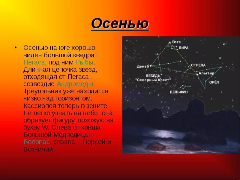 Созвездия над нами текст. Рассказ о созвездии осеннего неба для 2 класса. Рассказ об одном из созвездий осеннего неба. Осенние созвездия и яркие звезды. История созвездий осеннего неба.