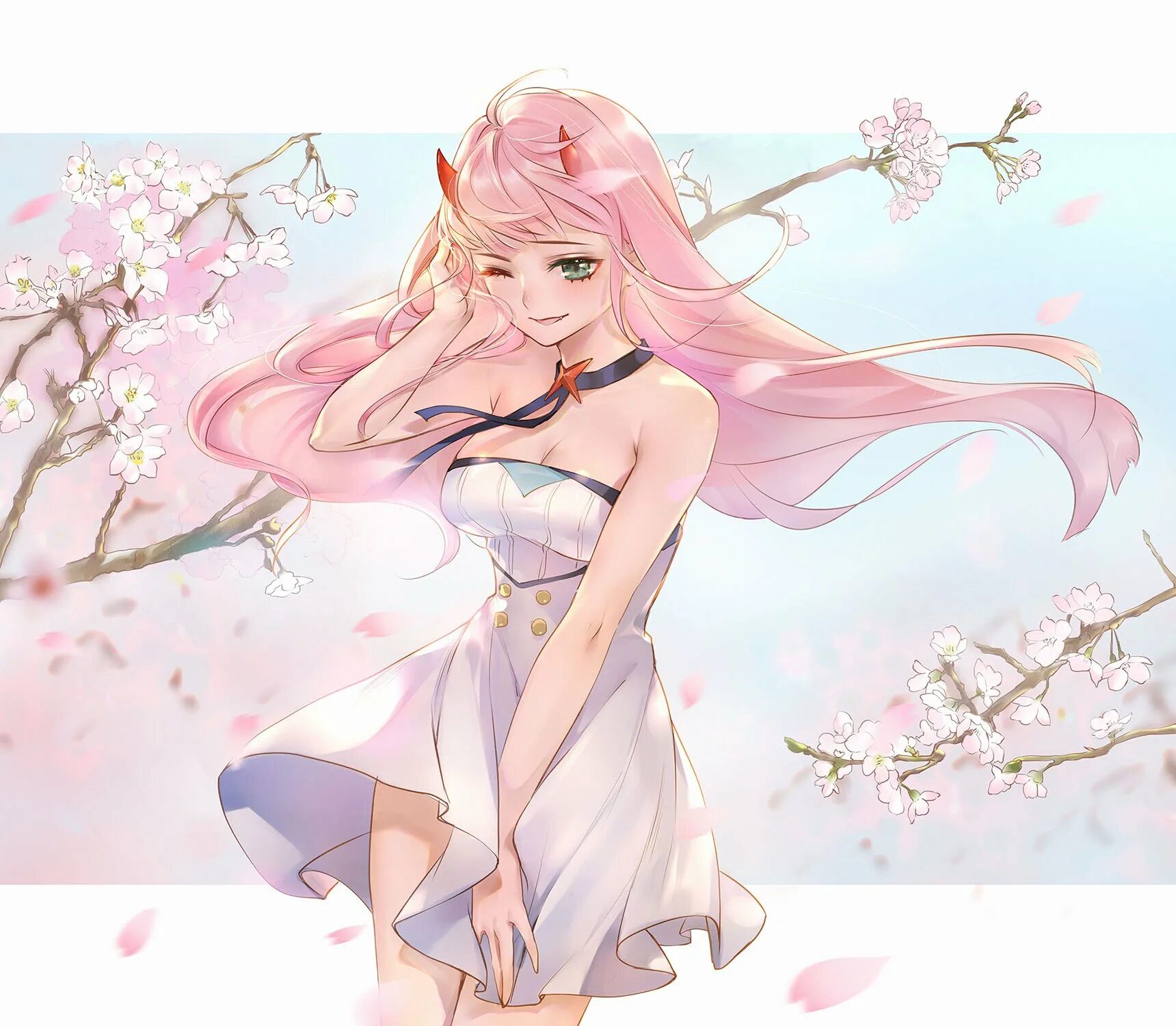 Розовый эльф. Zero two сакура. милый во франксе сакуры. эльфийка с розовыми волосами.