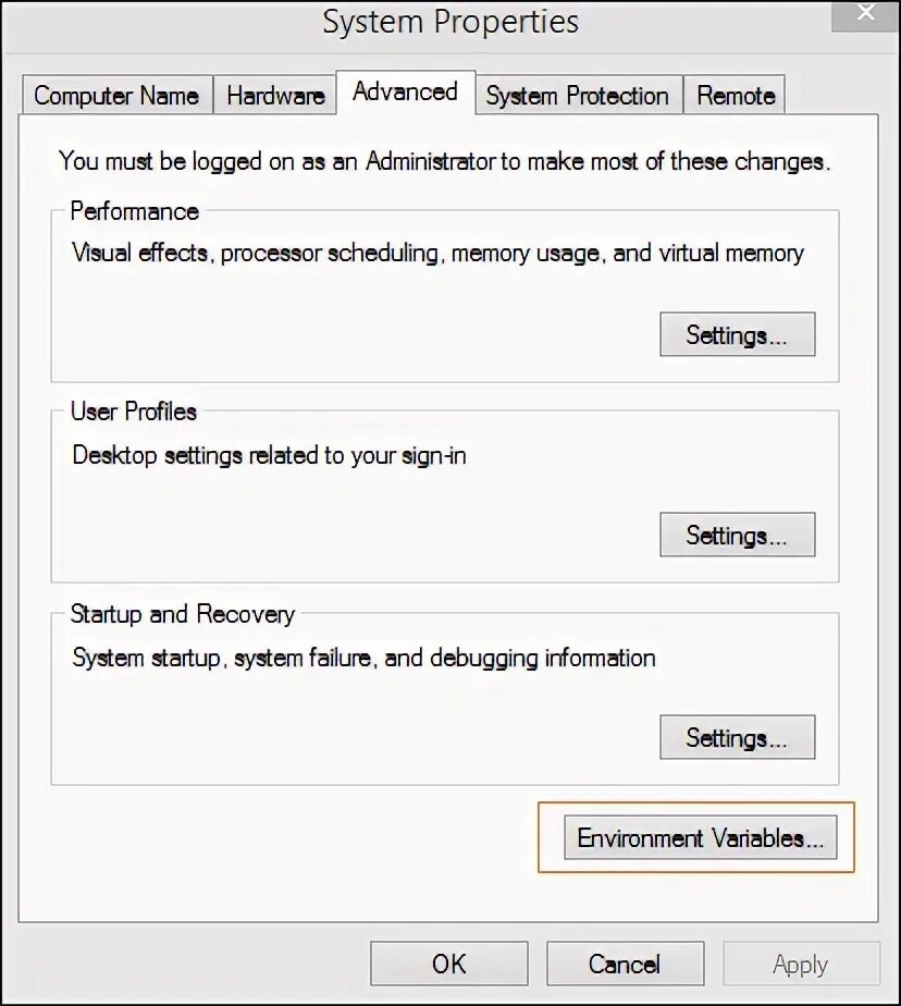 System settings environment variables. System properties.