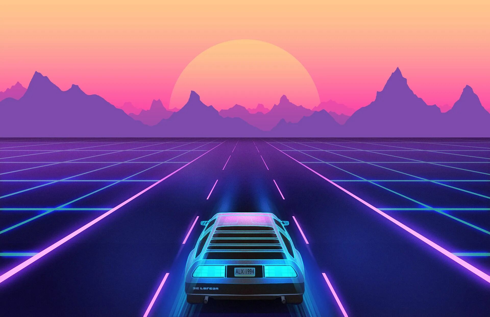 Неоновый закат. Ретровейв ДЕЛОРЕАН. Retro Wave Делориан. Синтвейв ретровейв. Кайзер ретровейв.