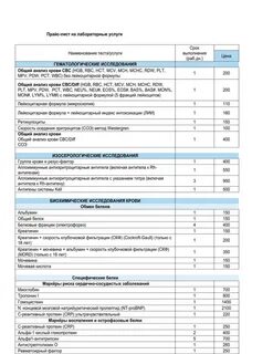 Прейскурант цен лаборатории