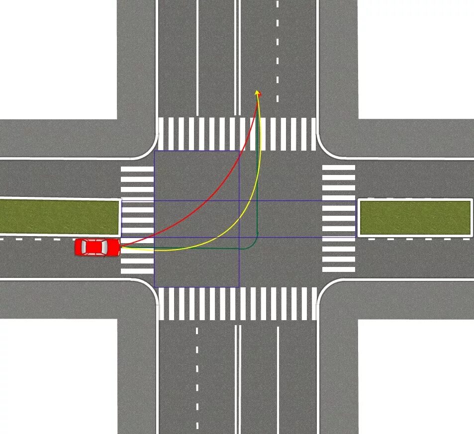 Поворот налево на перекрестке с 3 полосами. Перекресток с 2 разделительными полосами. Перекресток перекрёсток поворот налево. ПДД поворот налево на перекрестке с трамвайными путями. Поворот на перекрестке как правильно