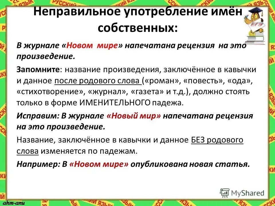 Ошибки в употреблении имен собственных. Формулировка предложения. в журнале новом мире напечатана рецензия на это произведение. неправильное употребление имен собственных. предложения с именами собственными.