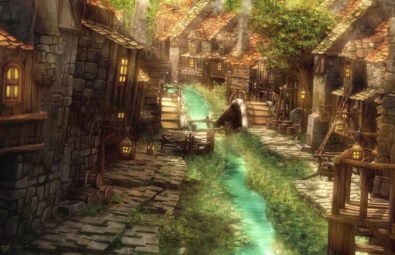 эльфийская деревня фэнтези арт. магическая деревня. волшебный домик в лесу. руины башни днд арт. варкрафт ясеневый лес.