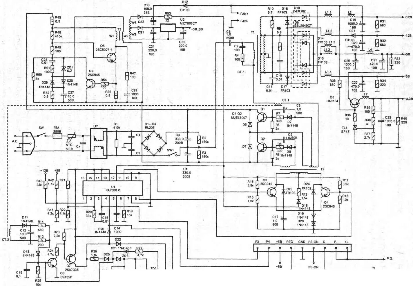 Схема компьютерного блока питания PS-230wb. Схема компьютерного блока питания 230w. Принципиальная схема компьютерного блока питания 200 ватт. Блок питания ATX 230w схема.