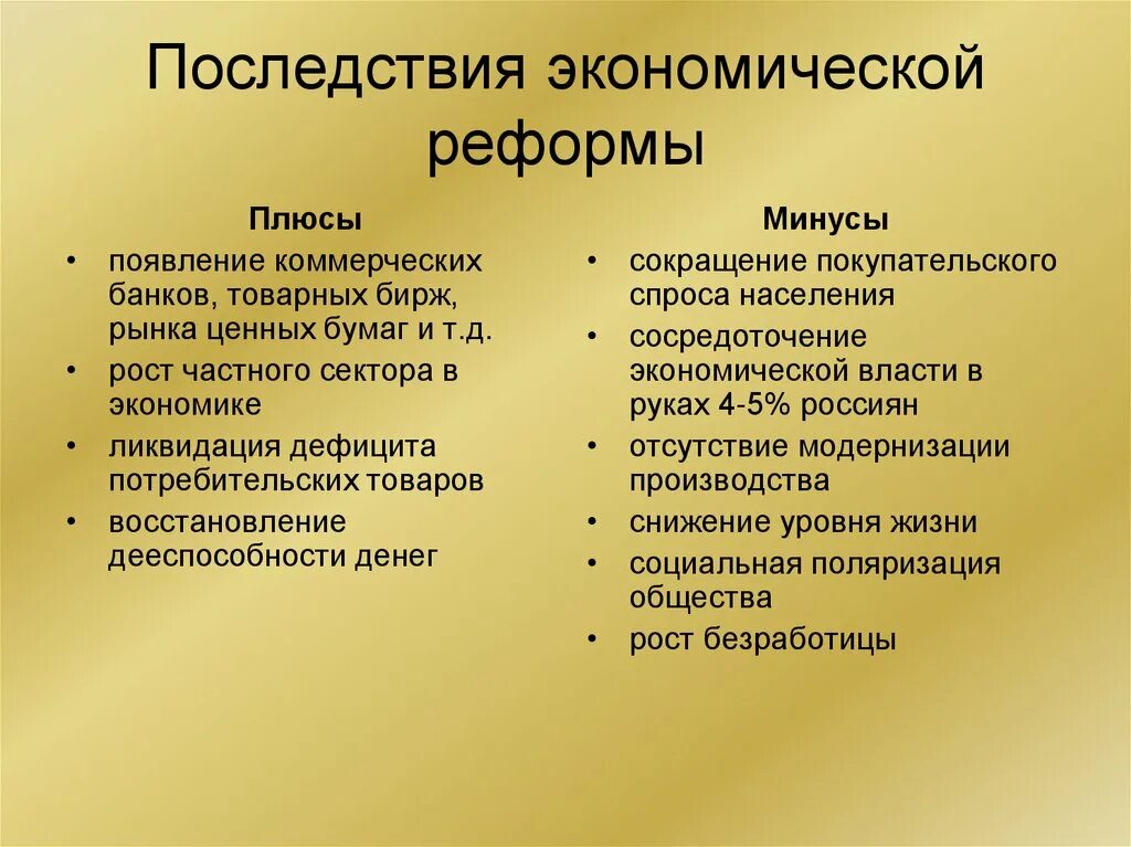 Положительные и отрицательные современной российской экономики. Экономические реформы России последствия. Последствия экономических преобразований. Плюсы и минусы экономических реформ. Последствия экономических преобразований 1990 года.