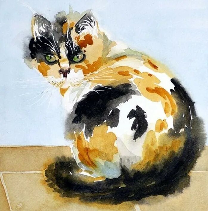 Кот гуашью. Рисование животных гуашью. кошка гуашью. трехцветная кошка в живописи.