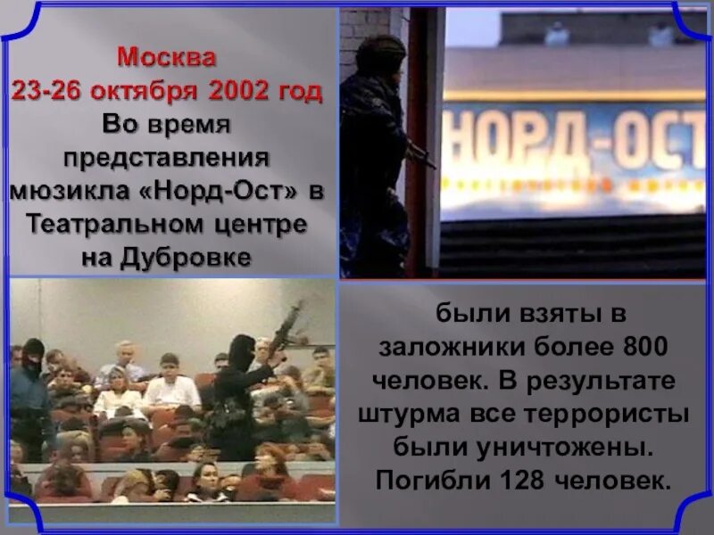 Что было 23 октября 2002 года. Теракт на Дубровке презентация. Норд - ОСТ" октября 2002 года кратко.