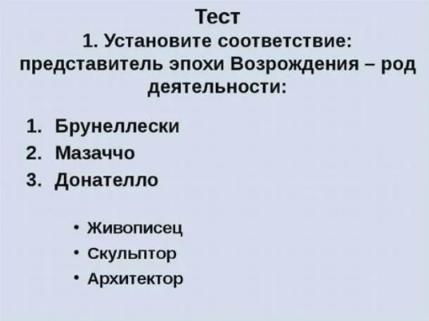 Тест по эпохе Возрождения. Тест по искусству эпохи Возрождения. Тест по истории искусств. Тест по теме культура эпохи Возрождения.