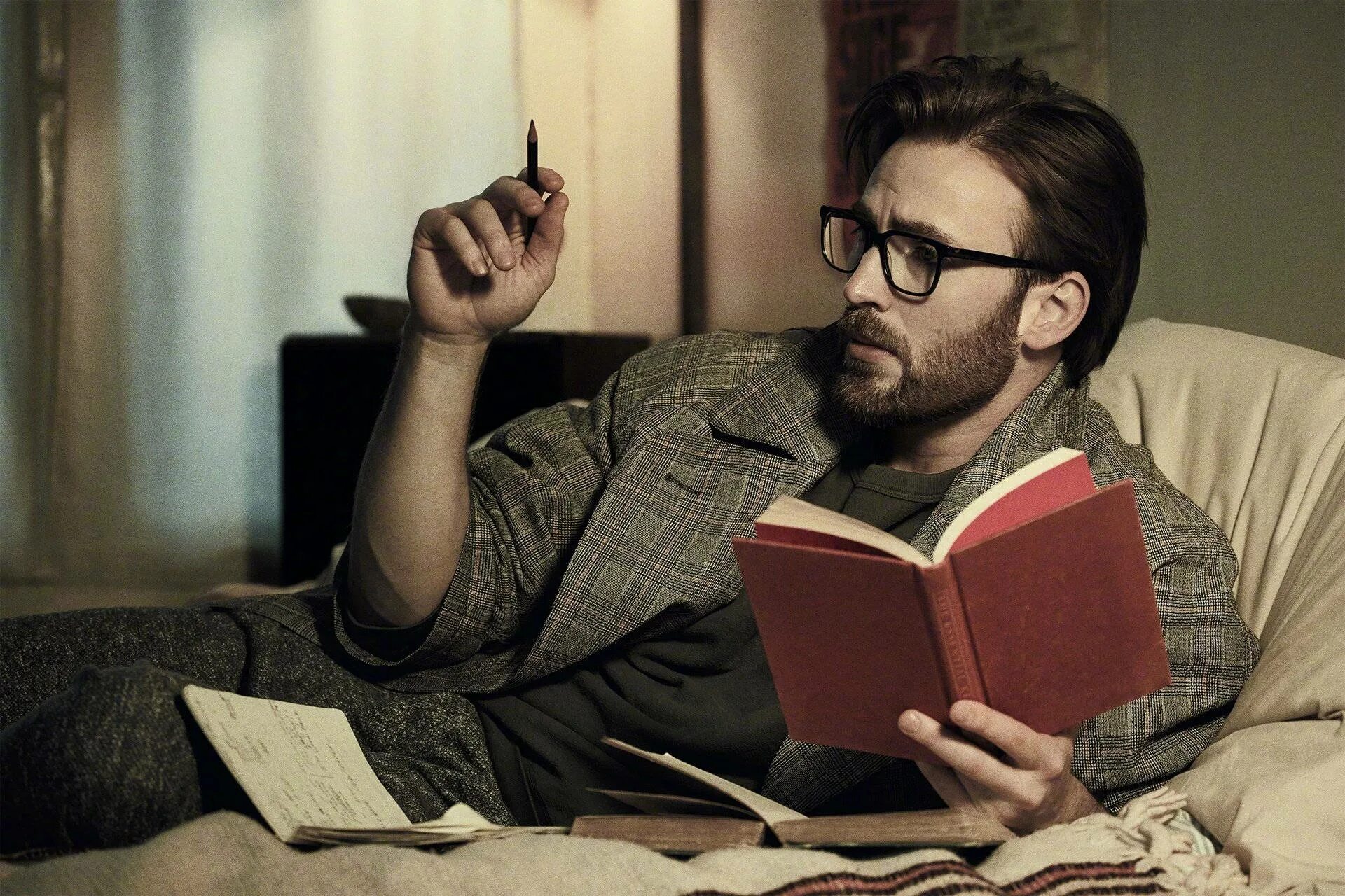 Mike reads books. Chris Evans Photoshoot.