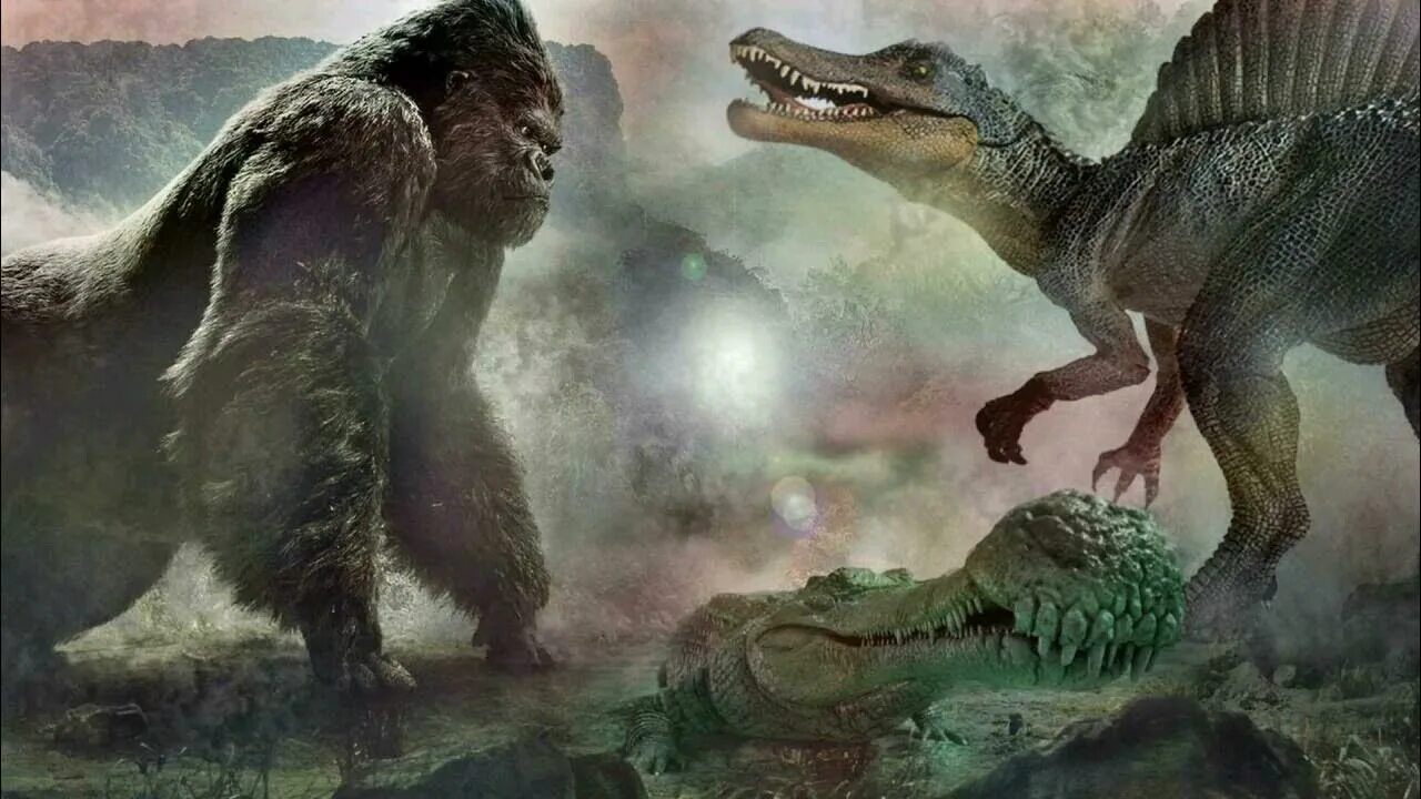Кинг против динозавров. Тираннозавр Кинг Конг 2005. Тираннозавр рекс против Спинозавра. Вастатозавр Кинг Конг 2005. Кинг Конг 2005 против динозавра.