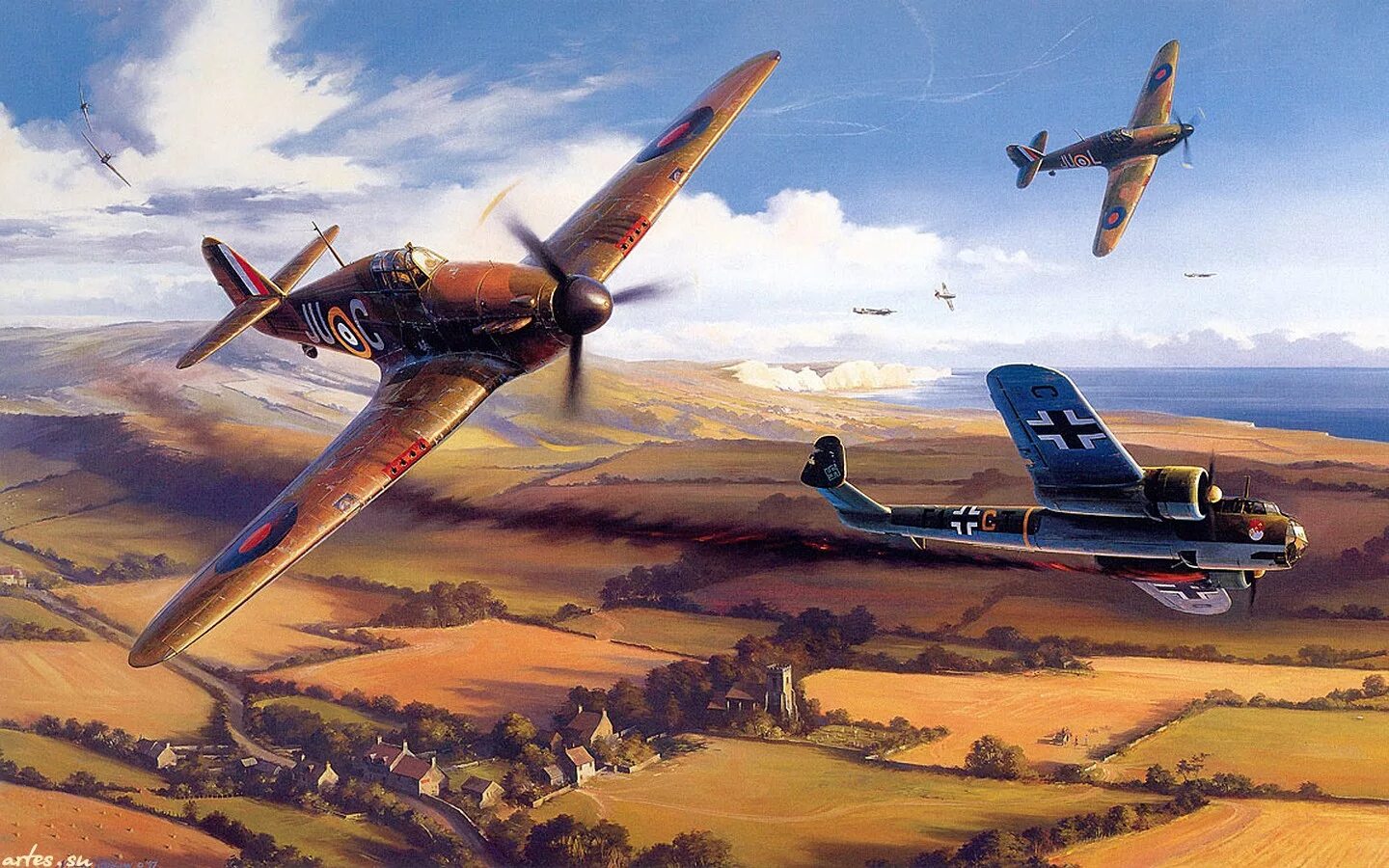 Nicolas trudgian картины. самолет помогающий своим над полем боя. фантастические пейзажи. Nicolas trudgian авиация. воздушный бой самолетов.