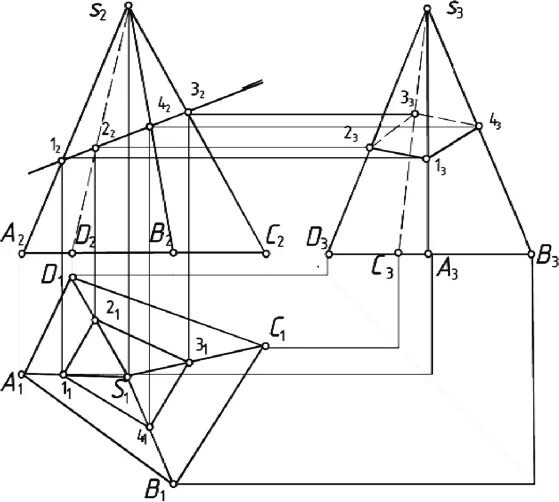 Пересечение многогранников проецирующей плоскостью. Пересечение пирамиды проецирующей плоскостью. Пересечение прямой с многогранником Начертательная геометрия. Построение пересечения многогранника плоскостями.