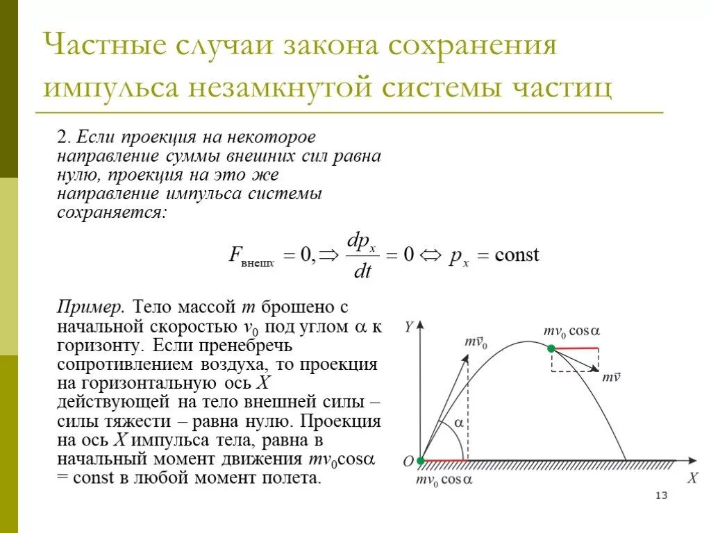 Сохранение импульса направление. Закон сохранения горизонтальной проекции импульса. Закон сохранения импульса в не заменуиой системе. Закон сохранения импульса для незамкнутой системы. Частные случаи закона сохранения импульса.