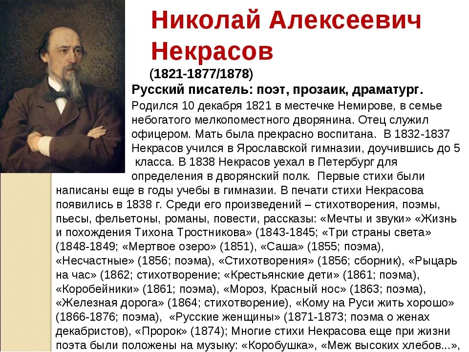 Краткие сведения о писателях. Доклад про Николая Алексеевича Некрасова. Некрасов краткая биография 5 класс.