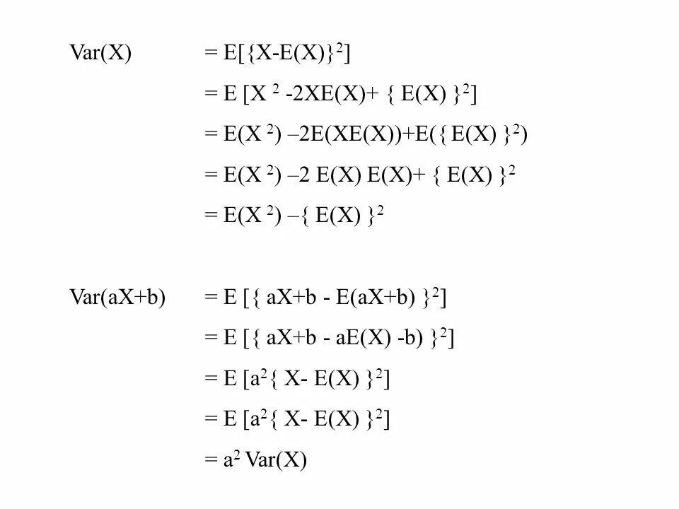 X var s. E(X) И var(x). Var(x) = e(x^2) - (e(x))^2. Var AX+by. S = ∑ (XI – X)2 * Fi.