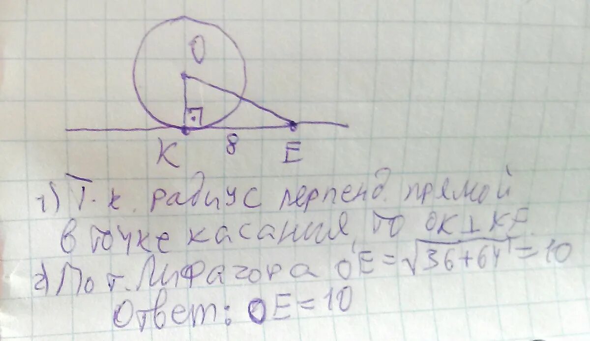 Прямая ке касается окружности с центром