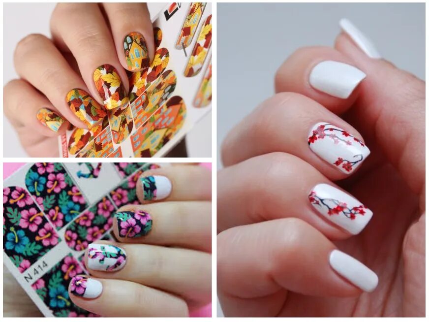 поэтапная схема маникюра гель лаком. слайдер на ногтях пошагово. дизайн ногтей обычным лаком. наклеиваем на ногти наклейки. маникюр с приклеенными цветами.