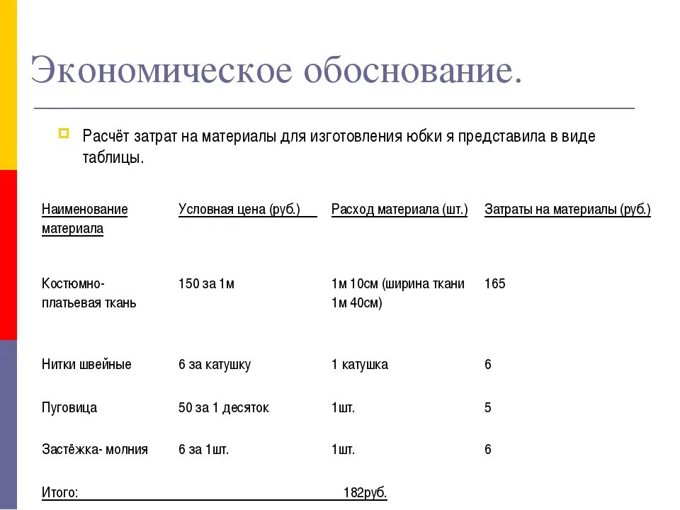 Экономическое обоснование мероприятия. Расчет себестоимости изготовления юбки. Таблица экономического расчета по технологии. Экономическое обоснование проекта таблица. Рассчитать экономическое обоснование.