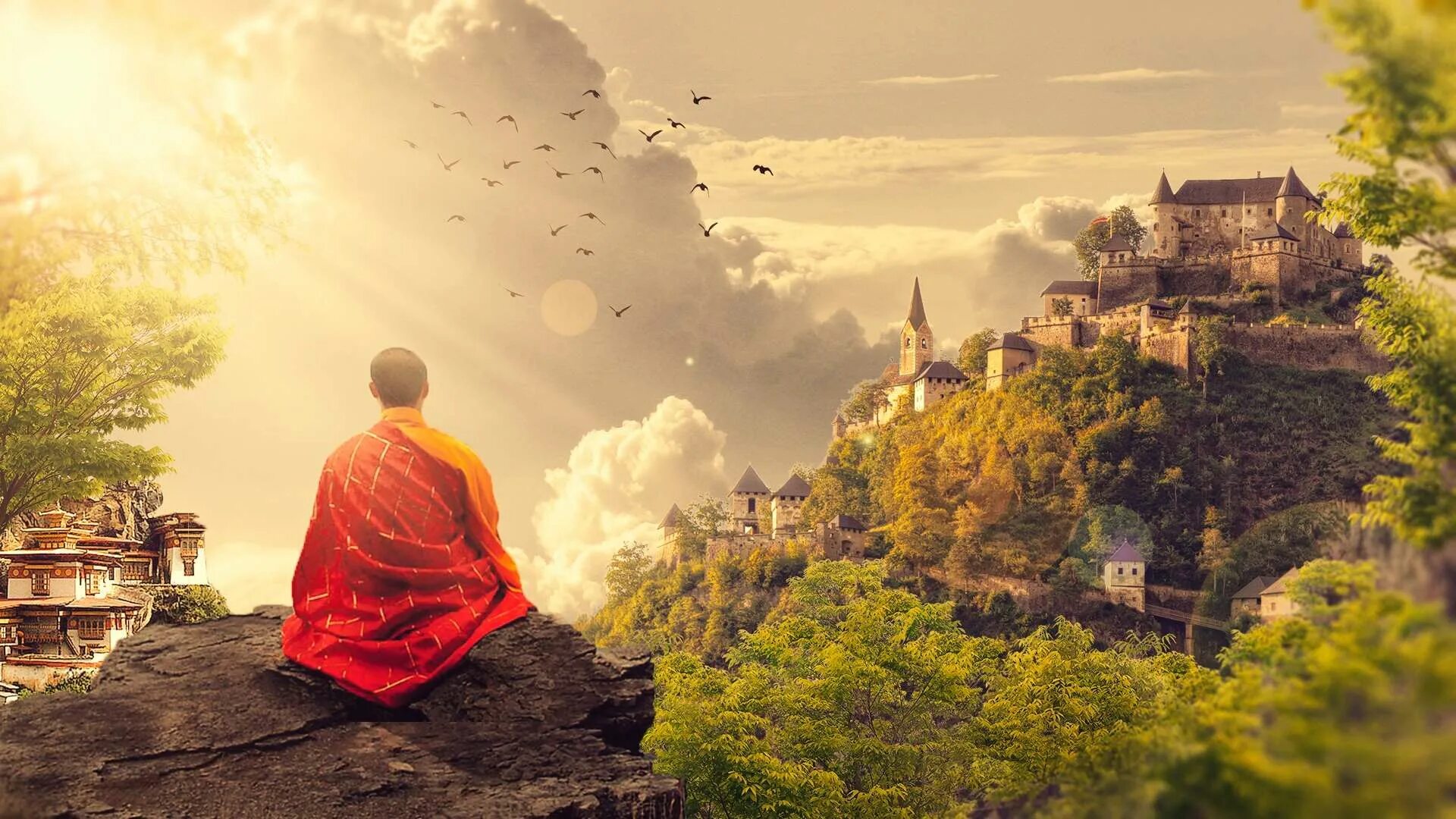 Духовных 4. Будда Шаолинь. Буддистский монах Тибет арт. Медитация. Монах на горе.