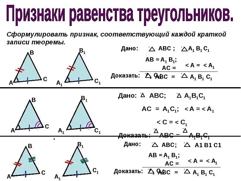 Все признаки треугольника. 2 Свойство равенства треугольников. Треугольники 2 признак равенства треугольников. Признаки равенства треугольников формулы. Формулировки признаков равенства треугольников 7 класс.