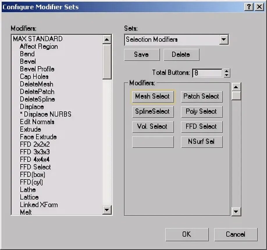 3ds Max configure modifier Sets. Modify configurations