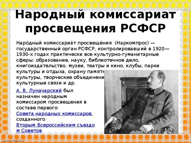 Народный комиссариат Просвещения РСФСР. Наркомпрос 1918. Народный комиссар Просвещения. Народном комиссариате Просвещения (Наркомпрос). Первый нарком просвещения