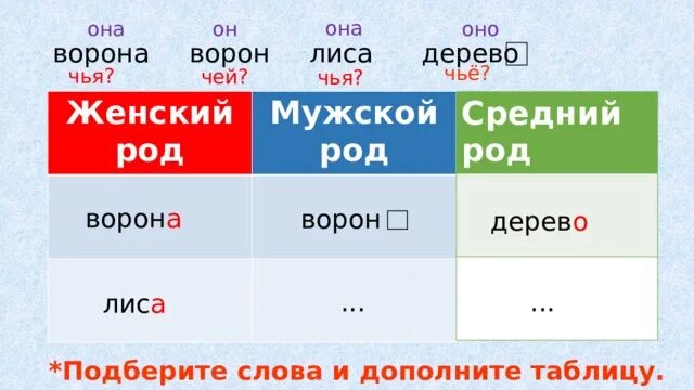 Роды рода различия. Мужской женский средний род. Мужской род женский род средний род. Ворона мужского рода. Ворона женский и мужской род.