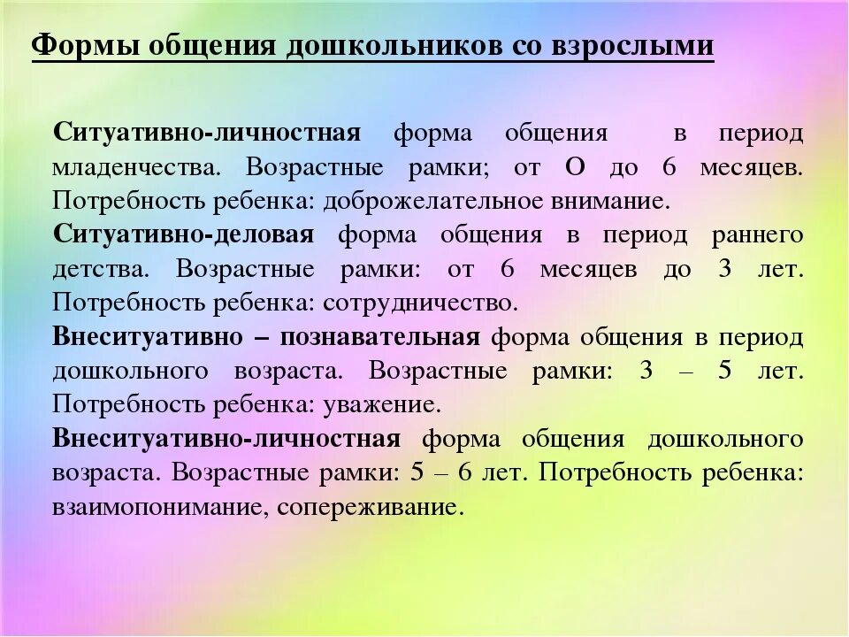 Потребность в общении дошкольников. Специфика общения дошкольников со взрослыми. Вид общения взрослого с ребенком дошкольного возраста. Формы общения дошкольников со взрослыми. Формы общения ребенка со взрослым в дошкольном возрасте.